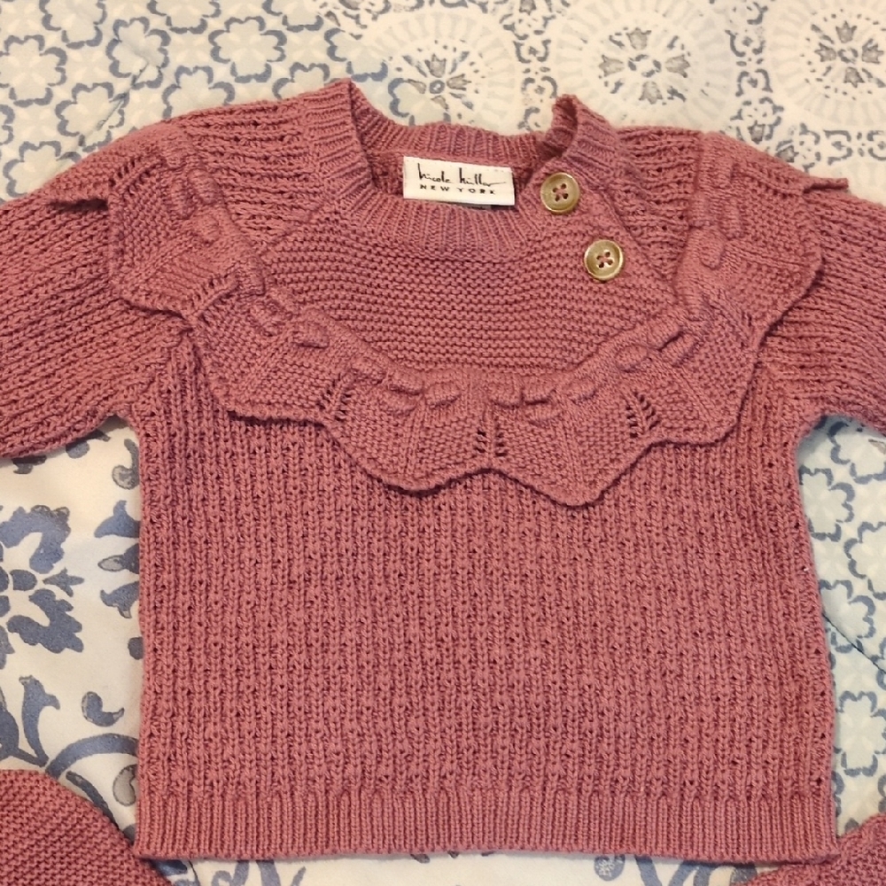 Nicole Miller 3 PC Pink Knit Sweater with Ruffle Detail Hat & Pants Set 3/6 M